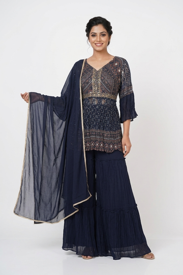 Dark Navy Blue Printed Kurta Sharara Set With Dupatta