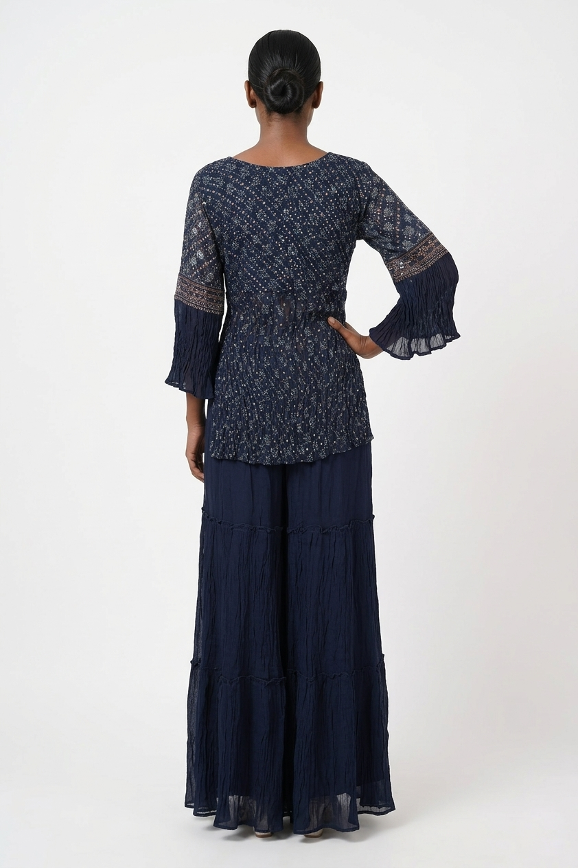 Dark Navy Blue Printed Kurta Sharara Set With Dupatta
