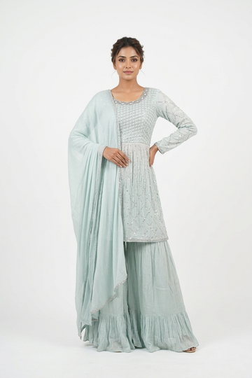 Pastel Sky Blue Embroidered Kurta Set With Sharara & Dupatta