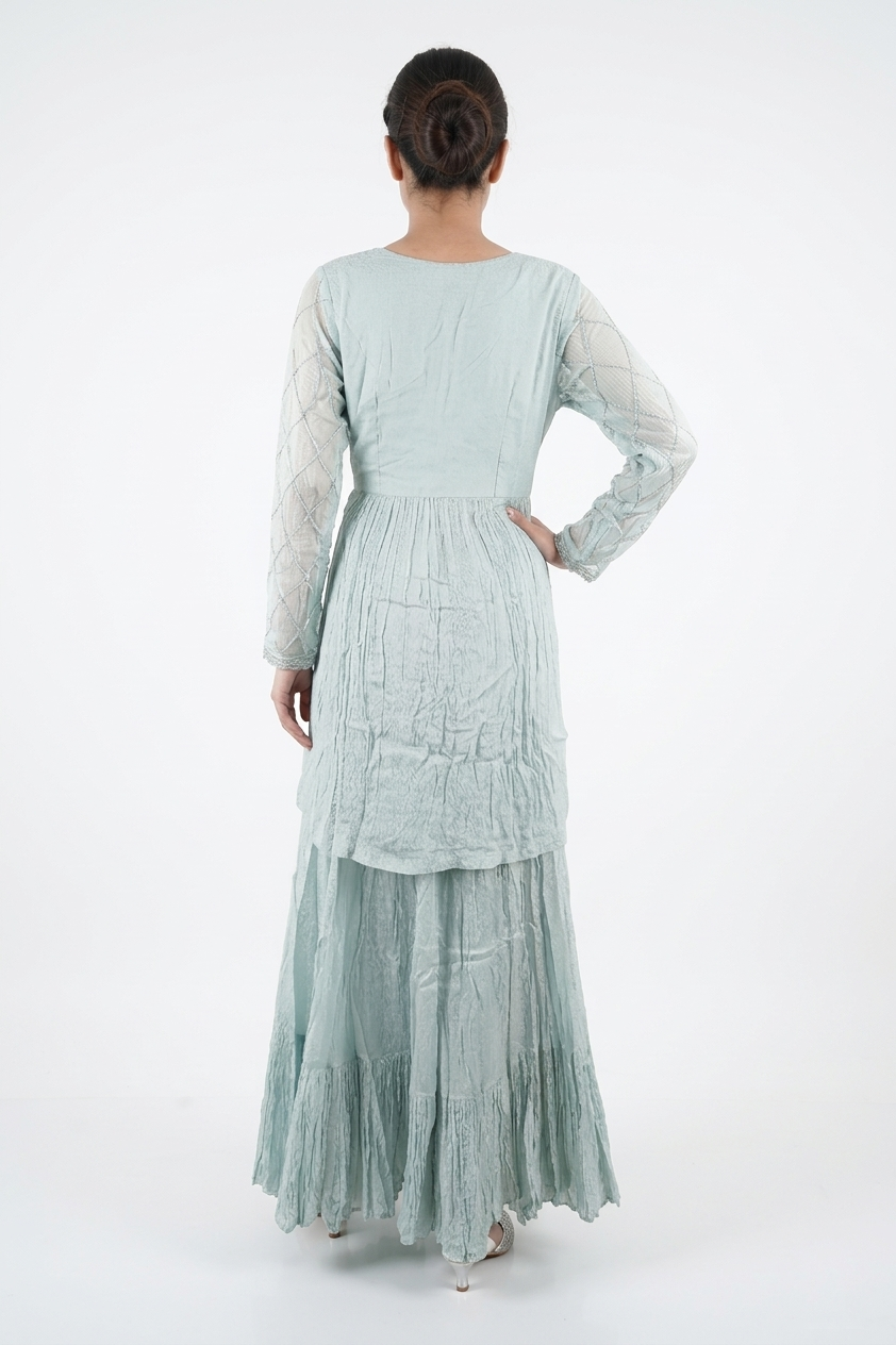 Pastel Sky Blue Embroidered Kurta Set With Sharara & Dupatta