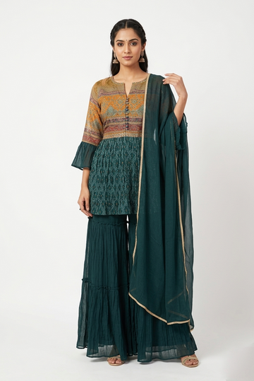 Bottle Green Printed Kurta Sharara Set With Dupatta