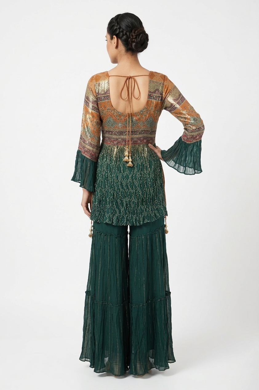 Bottle Green Printed Kurta Sharara Set With Dupatta