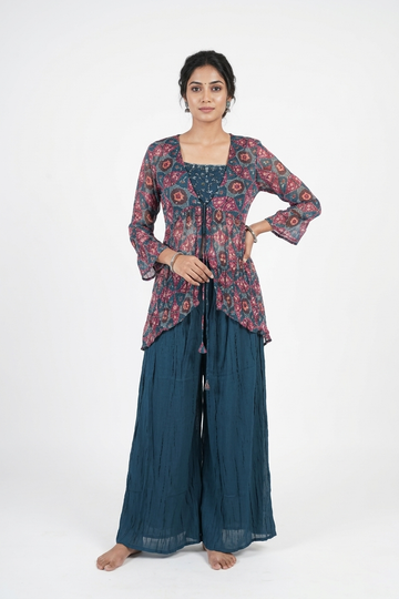 Dark Steel Blue Printed Kurta Set With Flared Palazzo & Inner