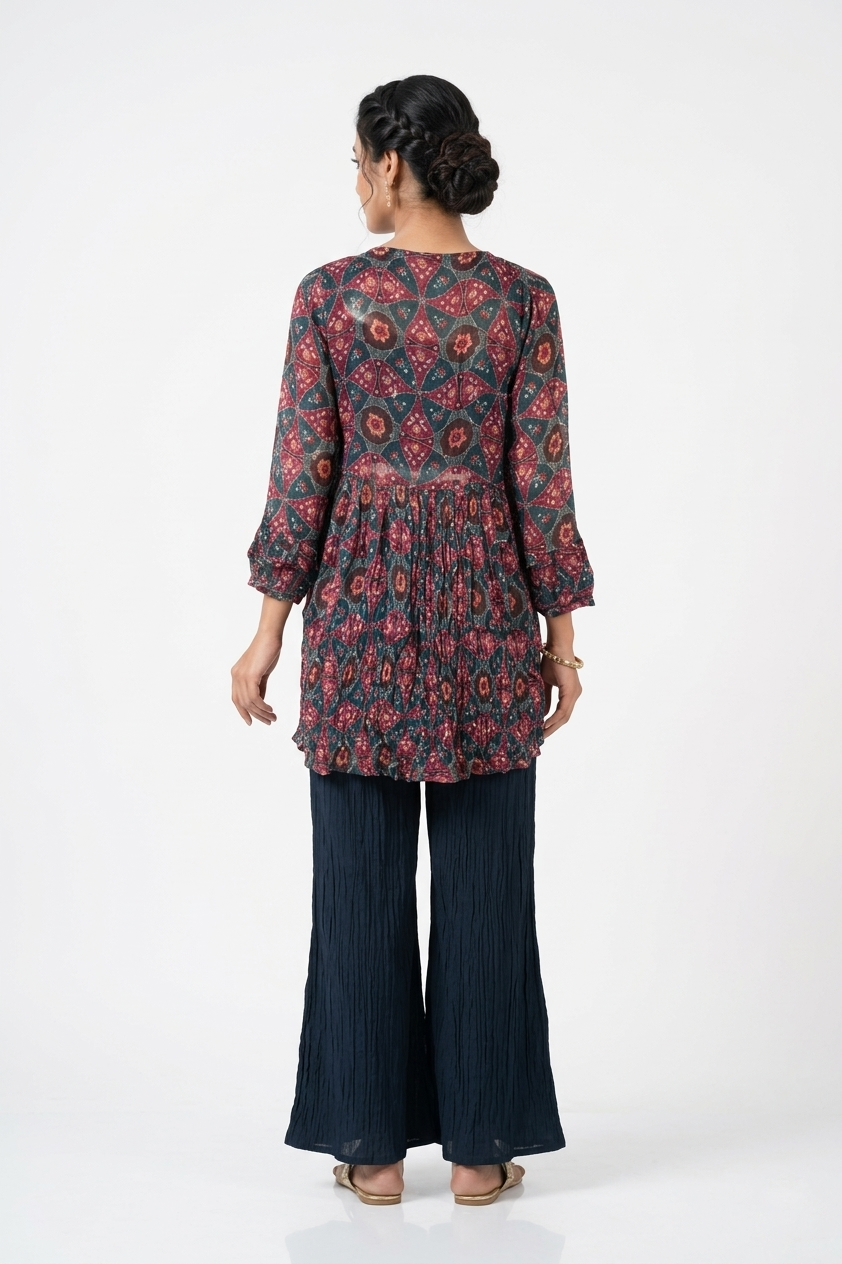 Dark Steel Blue Printed Kurta Set With Flared Palazzo & Inner
