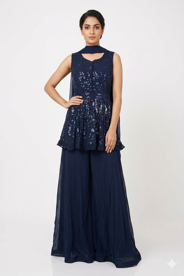 Midnight Blue Sequined Peplum Kurti Set With Palazzo & Dupatta