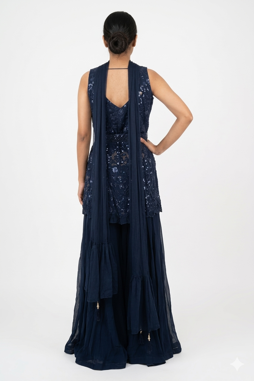 Midnight Blue Sequined Peplum Kurti Set With Palazzo & Dupatta