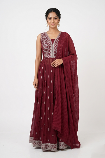 Maroon Embroidered Anarkali Set With Dupatta