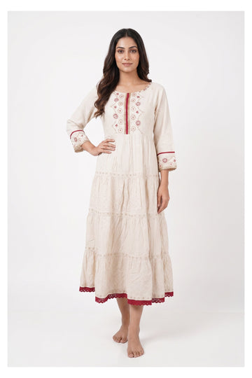 Ivory Tiered Embroidered Midi Dress