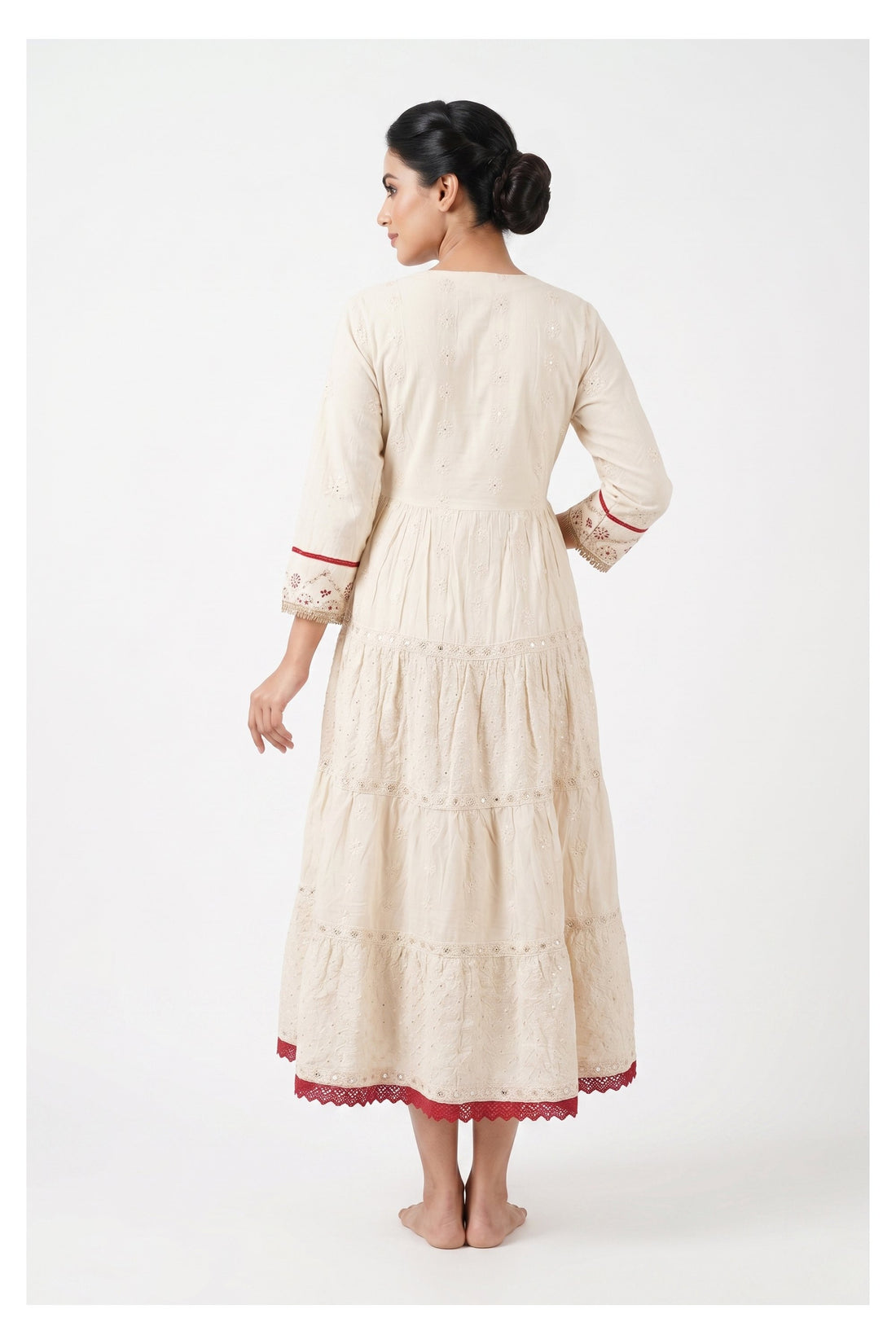 Ivory Tiered Embroidered Midi Dress