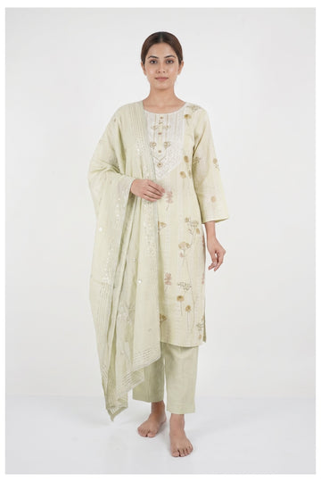 Ivory Sage Floral Embroidered Kurta Pant Set With Dupatta