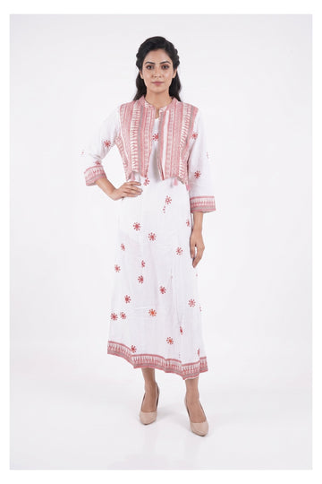 White & Blush Pink Printed Indo-Western Dress With Short Jacket