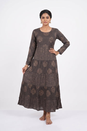 Charcoal Brown Tiered Ethnic Gown Dress