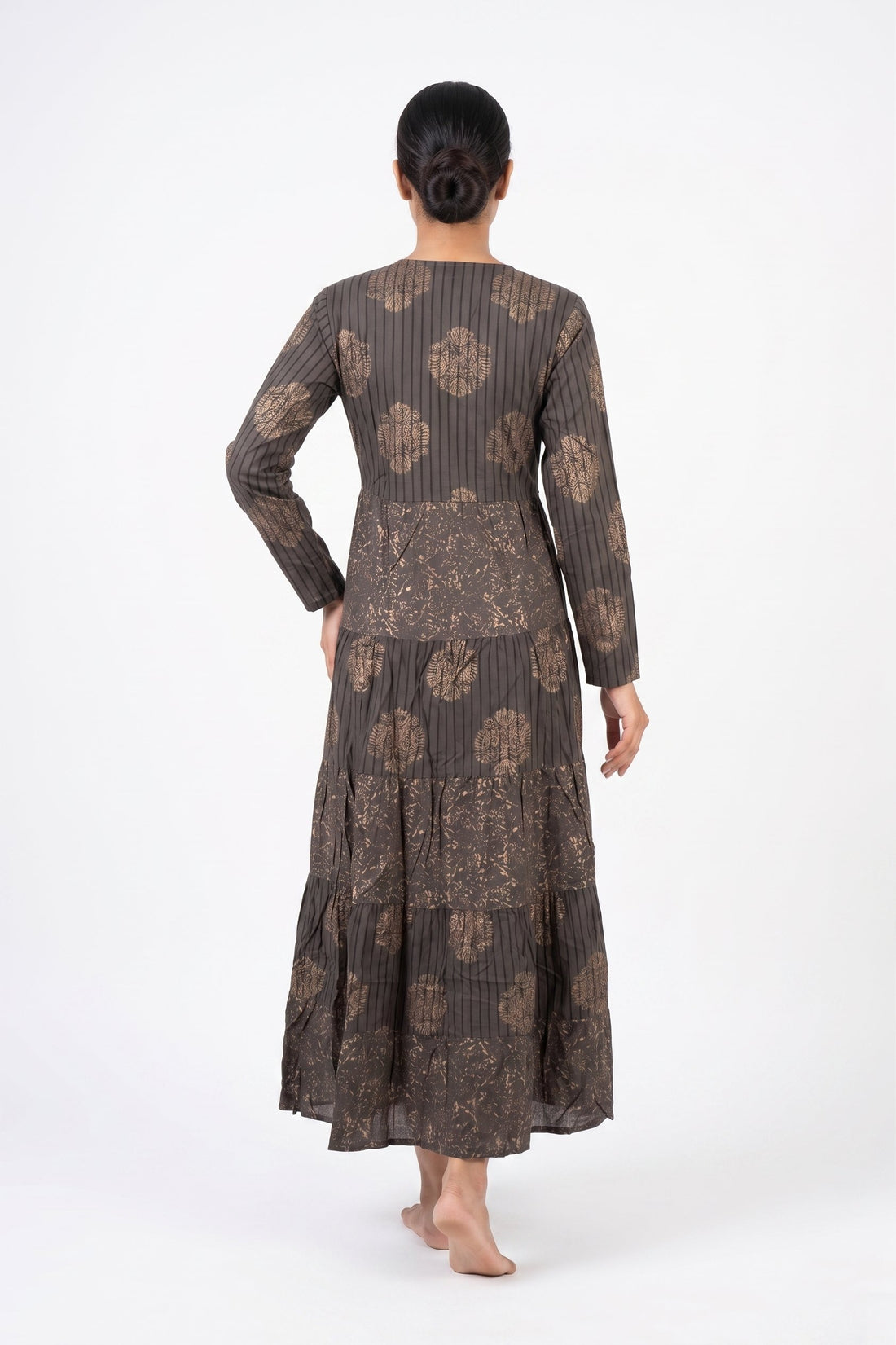 Charcoal Brown Tiered Ethnic Gown Dress