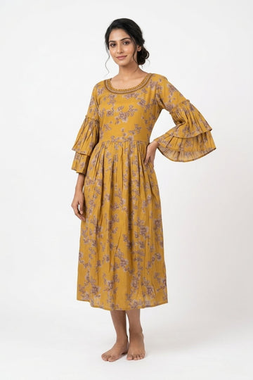 Mustard Bloom Layered Sleeve Midi Dress