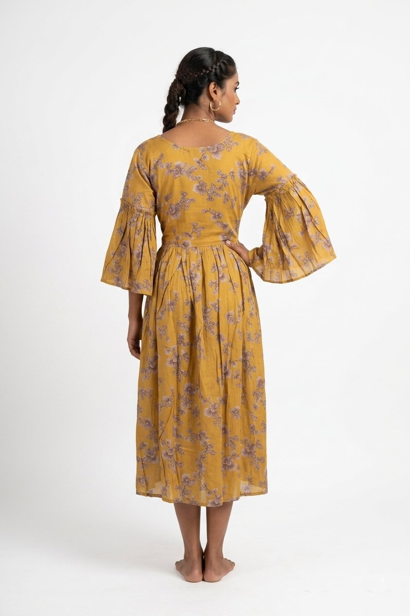 Mustard Bloom Layered Sleeve Midi Dress