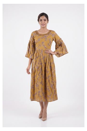 Mustard Floral Flared Midi Dress