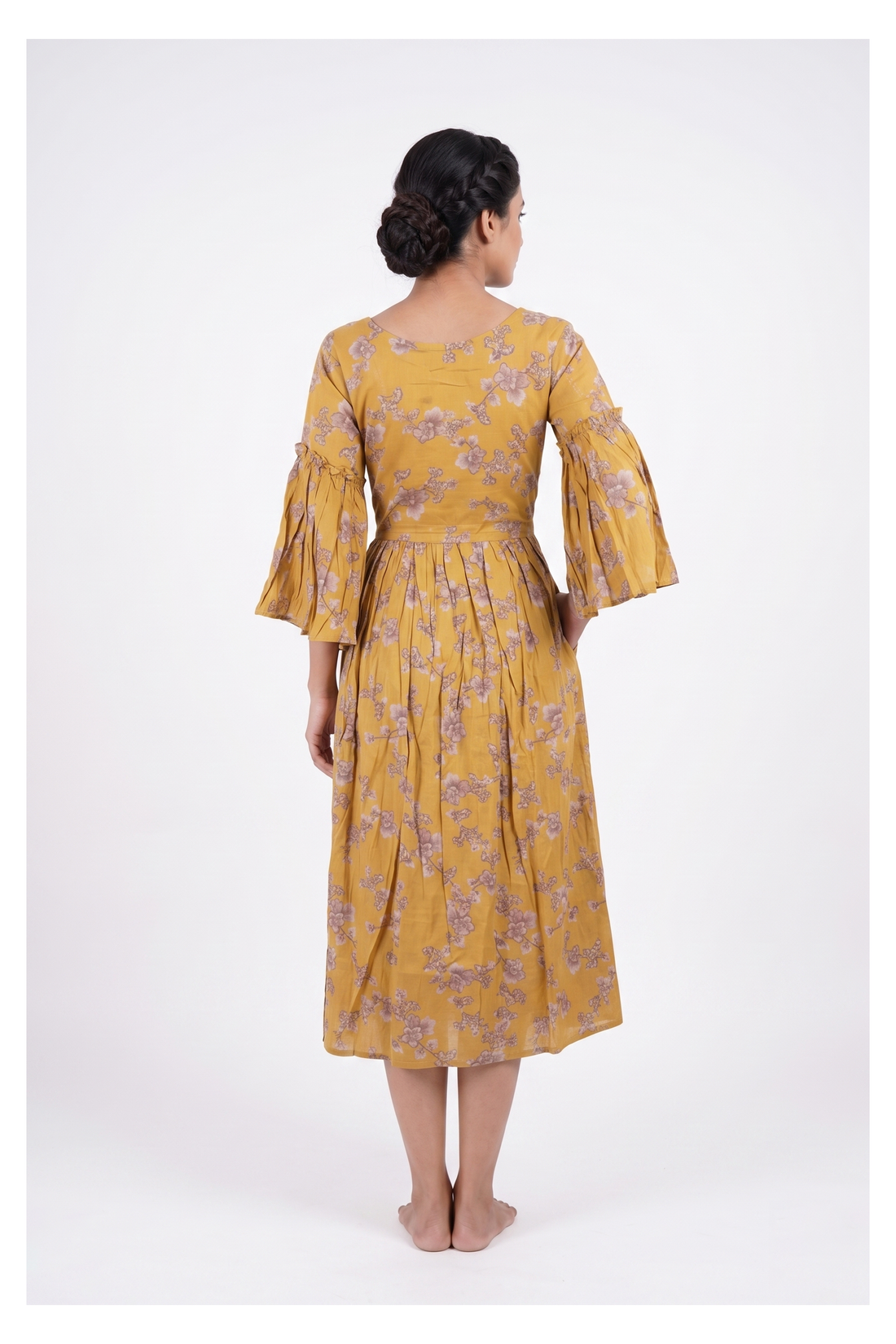 Mustard Floral Flared Midi Dress