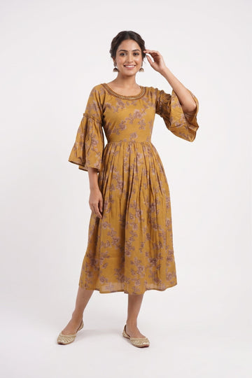 Mustard Floral Flared Midi Gown Dress