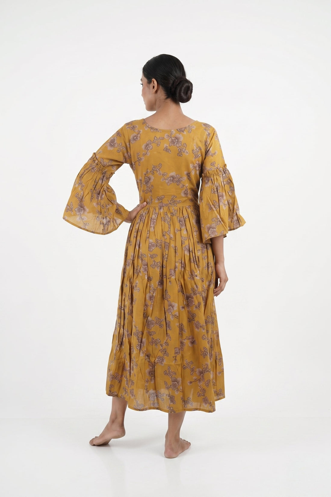 Mustard Floral Flared Midi Gown Dress