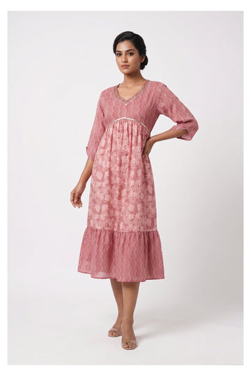 Dusty Pink Printed Flared Midi Dress