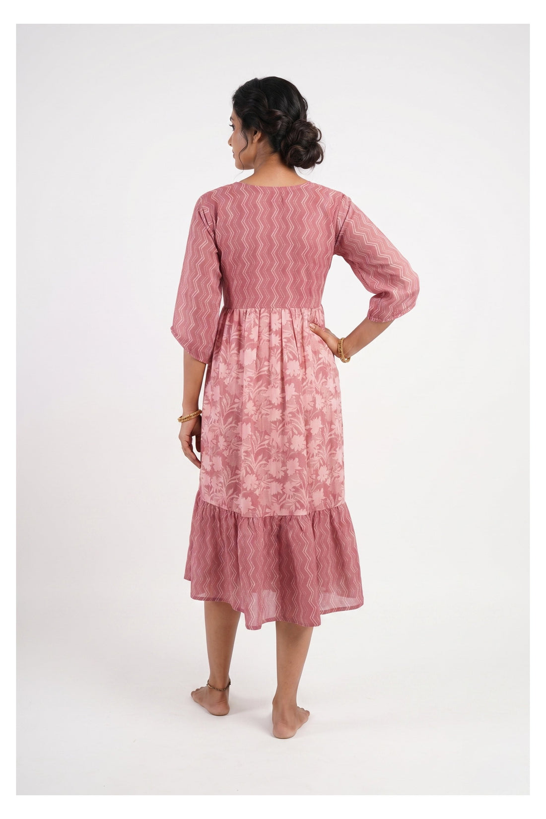Dusty Pink Printed Flared Midi Dress