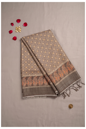 Coffee Brown Printed Cotton Wedding Party Wear Saree