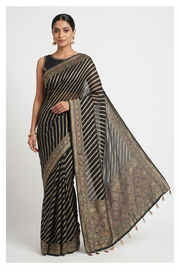 Black Banarasi Silk Chiffon Partywear Saree