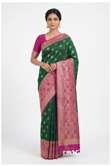 Bottle Green Banarasi Silk Saree With Hand Work, Weaving