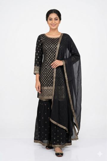 Classic Black Embroidered Kurta Sharara Set With Dupatta
