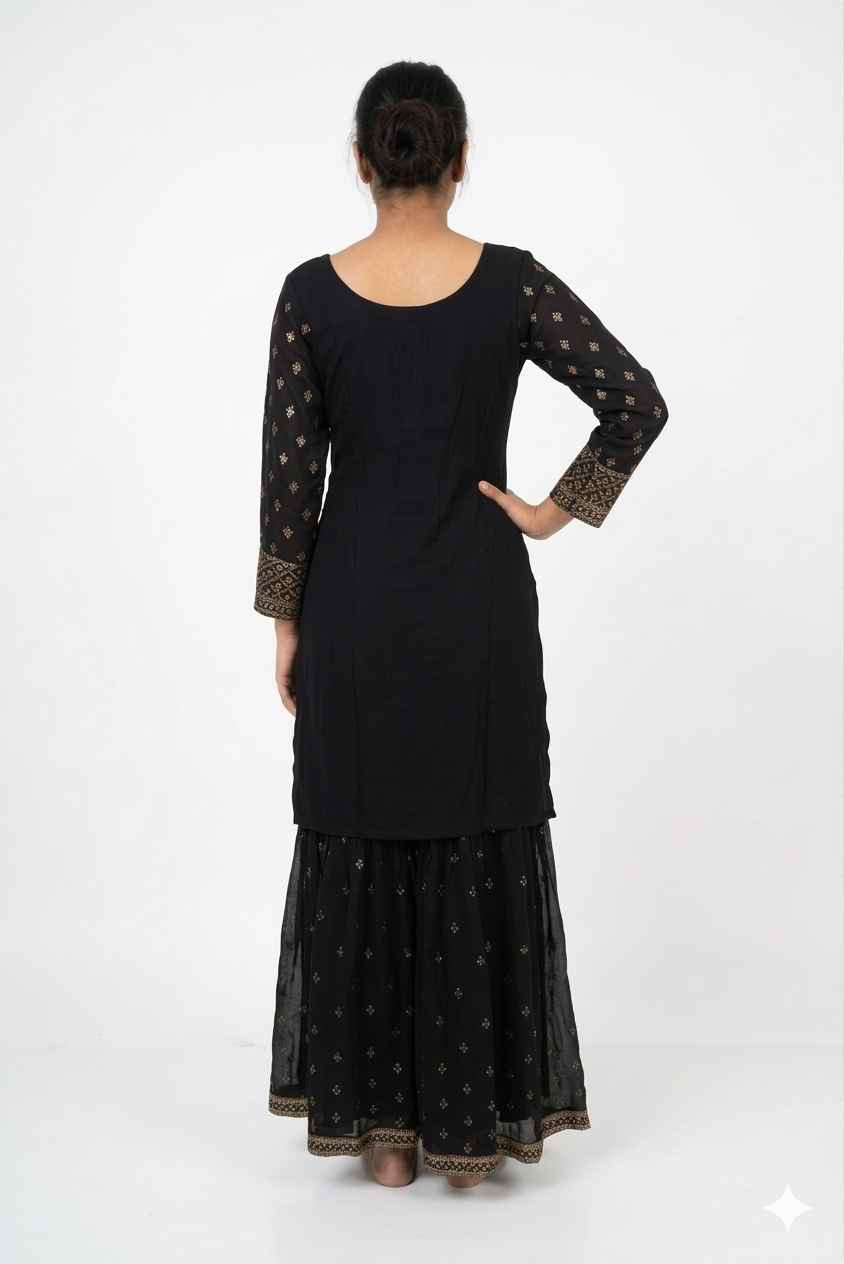 Classic Black Embroidered Kurta Sharara Set With Dupatta