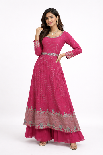 Violet Red Embroidered Anarkali Kurta Set With Palazzo