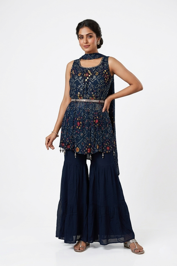 Dark Navy Blue Printed Georgette Sharara Set With Mirror Work Top