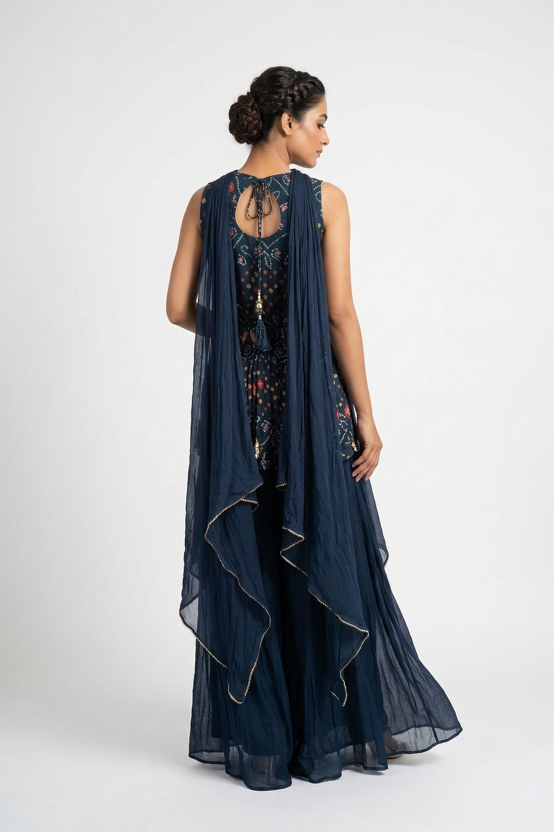 Dark Navy Blue Printed Georgette Sharara Set With Mirror Work Top