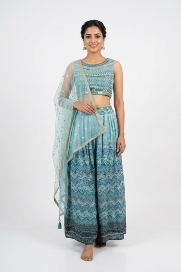 Pestle Sky Blue Mirror Work Crop Top & Printed Palazzo Set With Dupatta