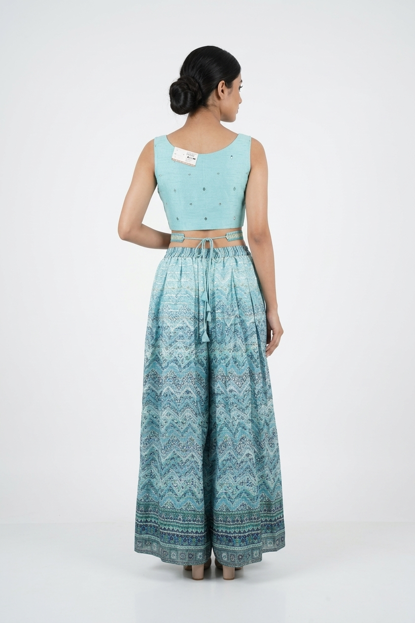 Pestle Sky Blue Mirror Work Crop Top & Printed Palazzo Set With Dupatta