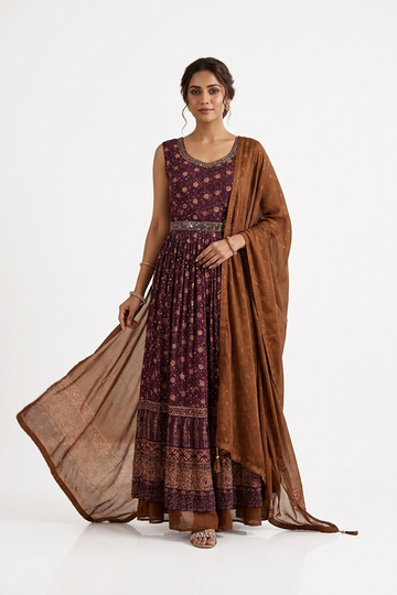 Wine Printed Anarkali Kurta Set With Dupatta