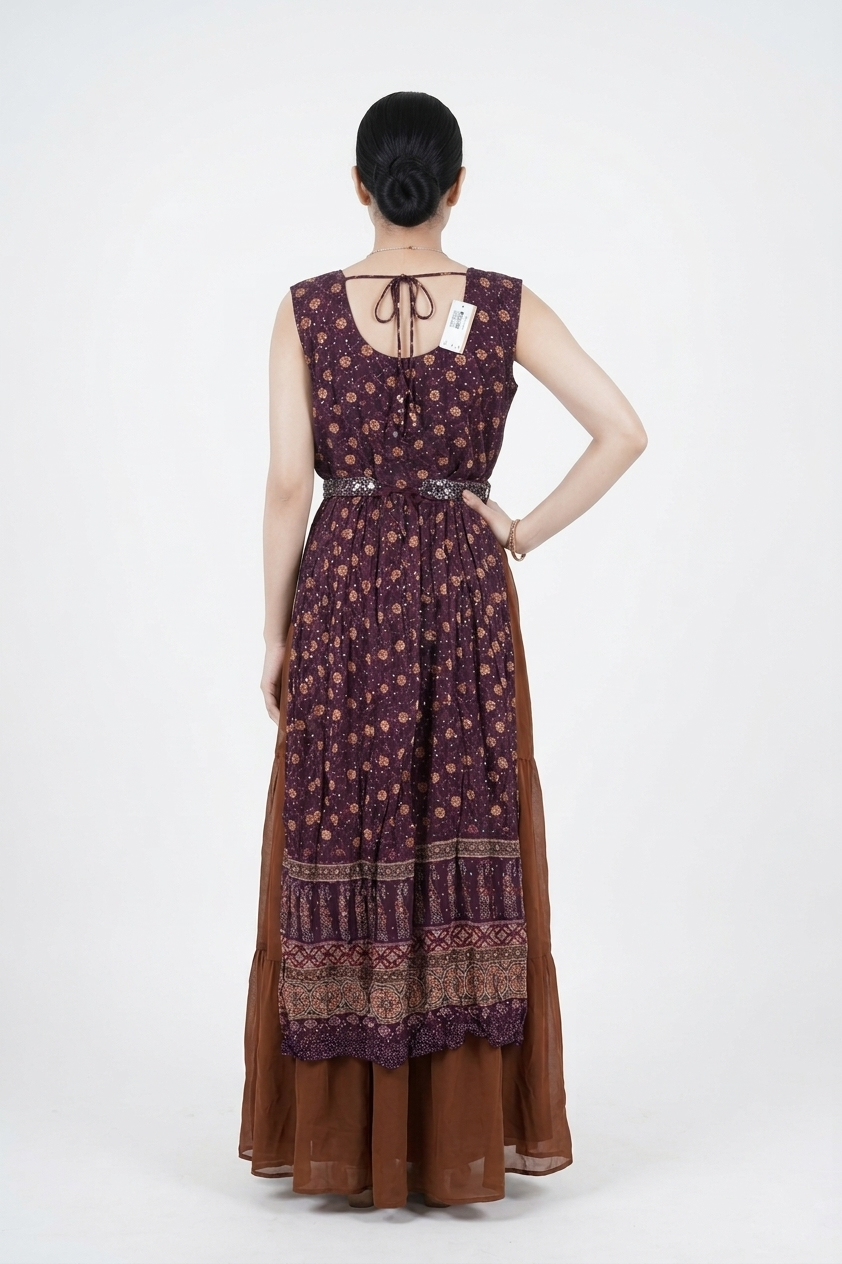 Wine Printed Anarkali Kurta Set With Dupatta