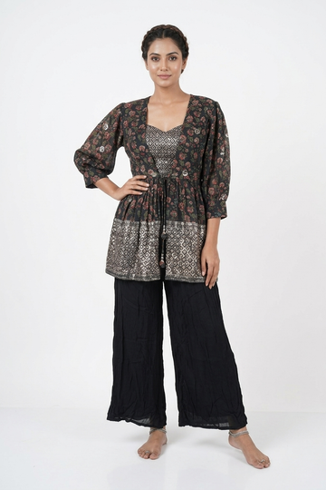 Black Floral Printed Layered Kurta Set With Palazzo