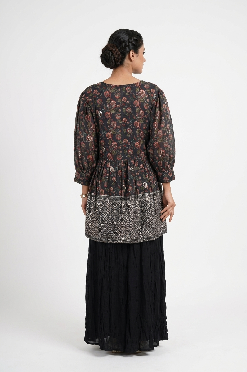 Black Floral Printed Layered Kurta Set With Palazzo