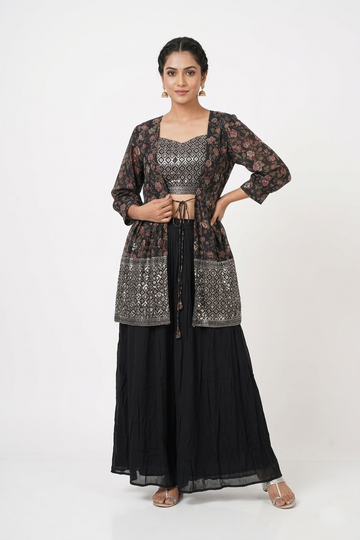 Midnight Black Printed Jacket Style Lehenga Set With Embroidered Crop Top