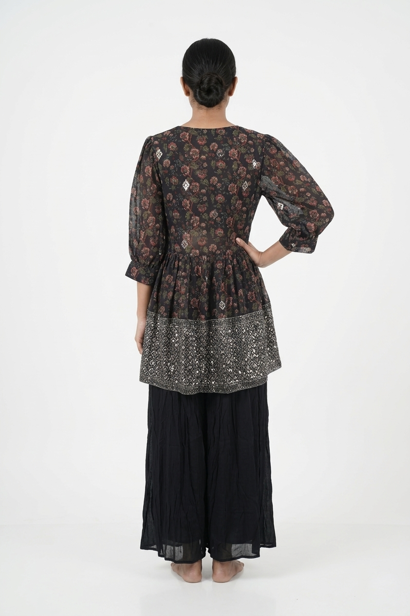 Midnight Black Printed Jacket Style Lehenga Set With Embroidered Crop Top
