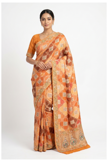 Rust Banarasi Silk Chiffon Partywear Wedding Saree