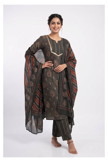 Charcoal Grey Ethnic Printed Kurta Set With Dupatta