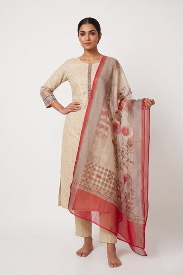 Ivory Blossom Printed Kurta Set With Organza Dupatta
