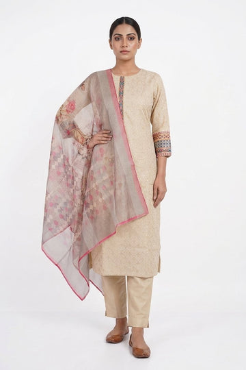 Ivory Beige Embroidered Straight Kurta Set