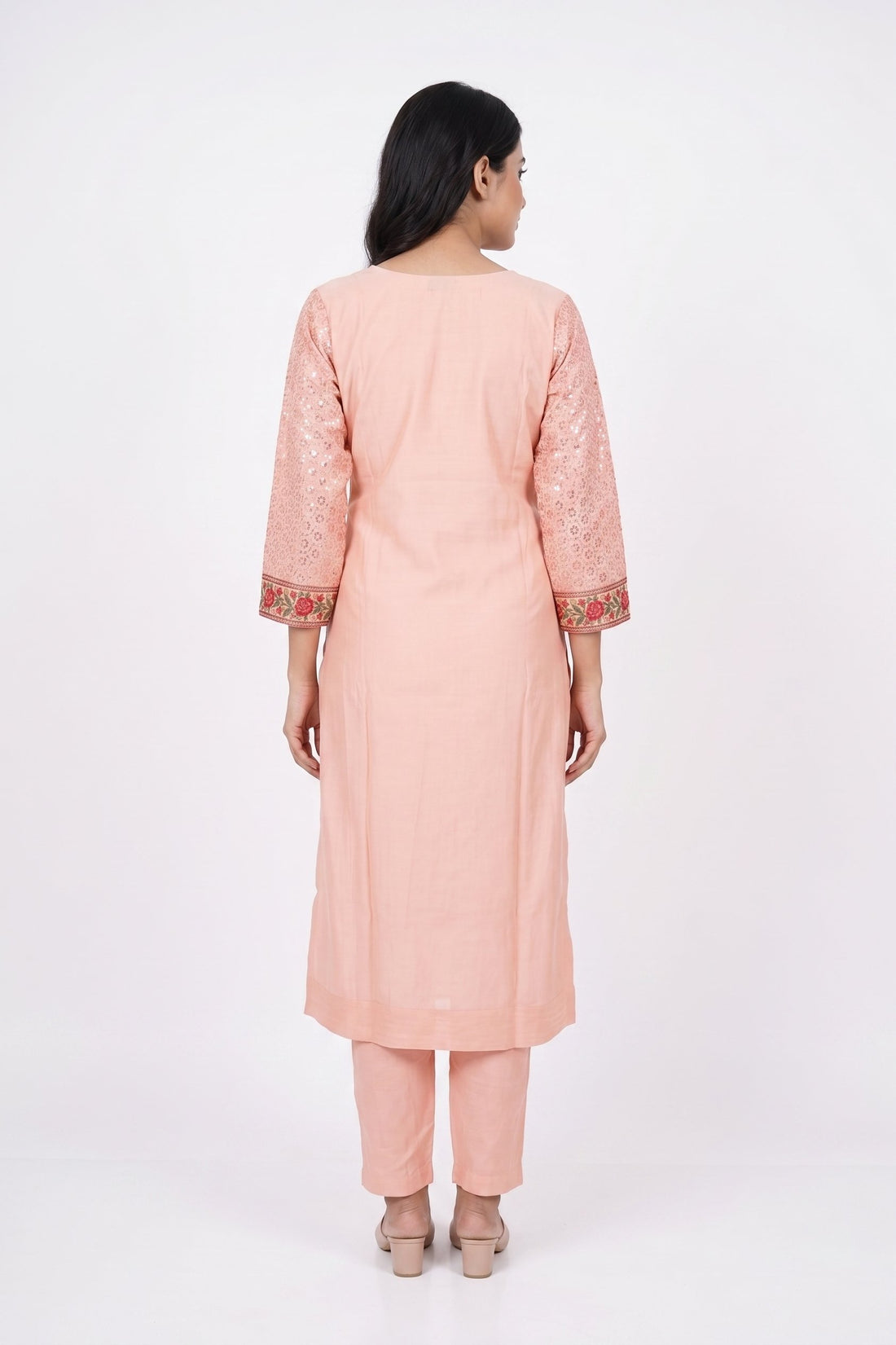 Peach Sequin Embroidered Straight Kurta Set