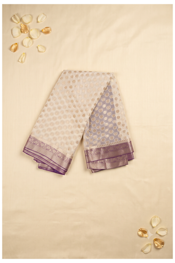 Elegant Off-White Banarasi Georgette Saree With Contrast Purple Zari Border