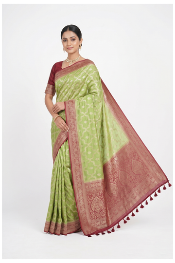 Pistachio Green Banarasi Silk Saree With Jaal Weaving