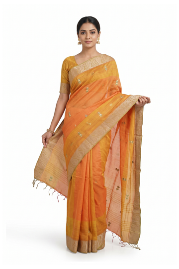 Tangerine Orange South Silk Saree With Weaving, Hand Work