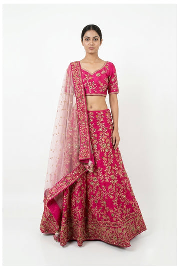 Rani Pink Floral Embroidered Lehenga Choli With Net Dupatta